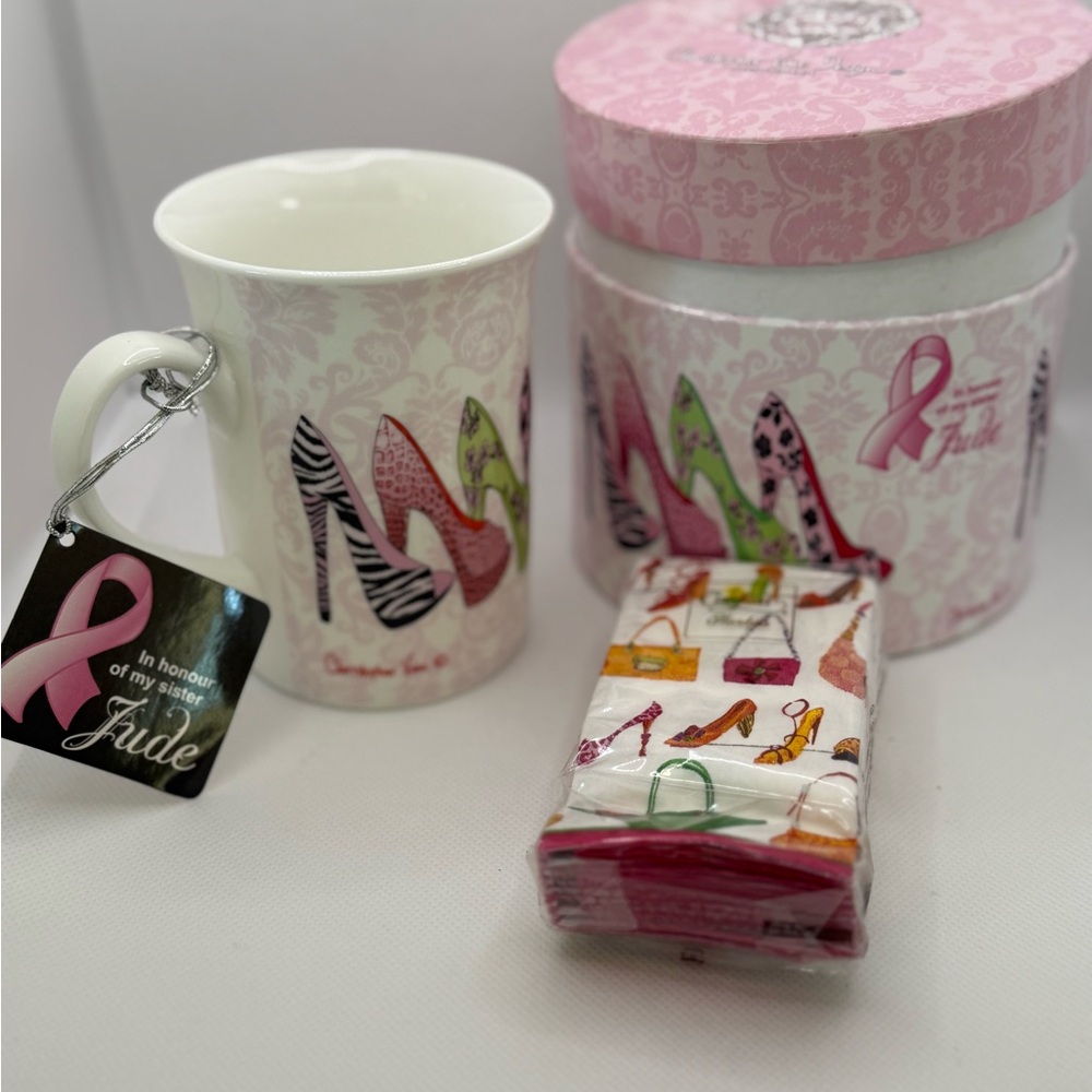 Christopher Vine Rate Pink Ribbon Mug for “Jude” & Tissues: NIB!